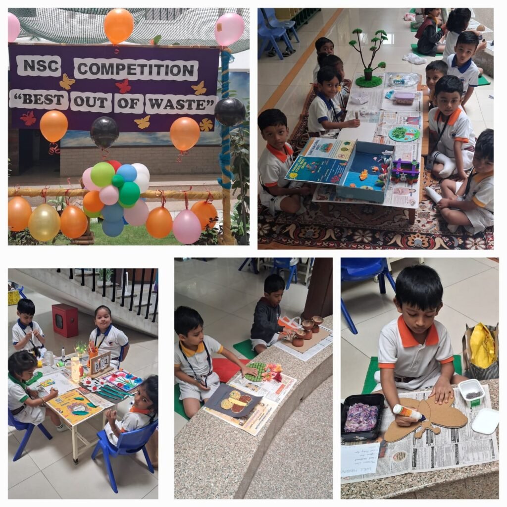 Montessori students creating eco-friendly crafts during the Best Out of Waste Competition at BRS Global School – Sarjapur Road, one of the leading CBSE schools in Sarjapur Road and a preferred choice for families looking for best CBSE schools in Sarjapur Road.