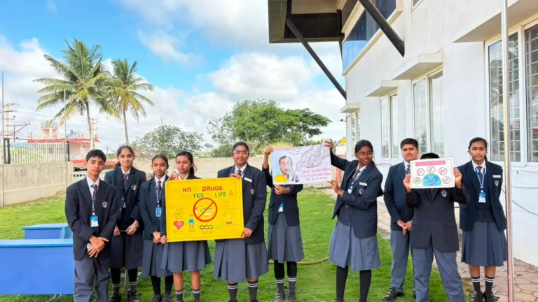 Grade 9 students presenting an Anti-Drug Awareness Skit at BRS Global School Attibele, inspiring families looking for CBSE schools in Bellandur