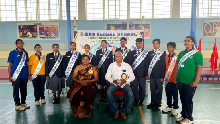 Student leaders taking the oath during the Investiture Ceremony at BRS Global School Attibele, inspiring families searching for schools in Anekal.