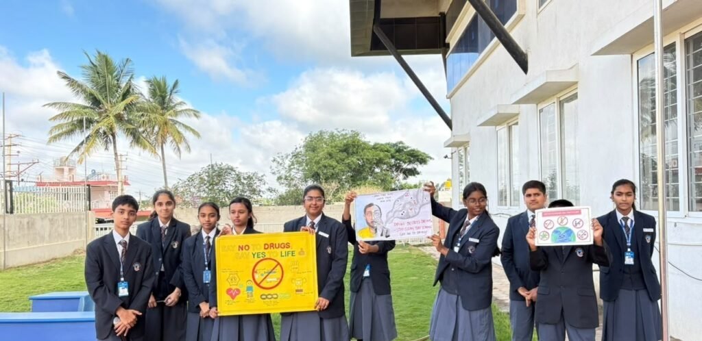 Grade 9 students presenting an Anti-Drug Awareness Skit at BRS Global School Attibele, inspiring families looking for CBSE schools in Bellandur