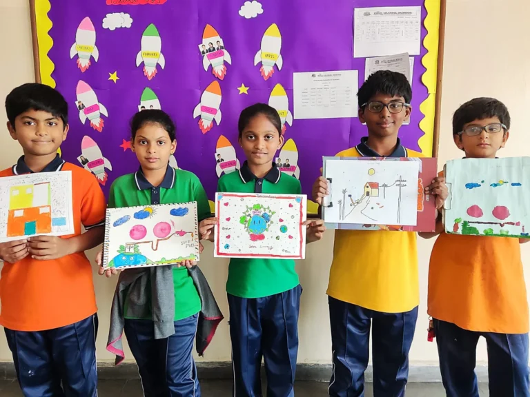 Grade 1–4 students participating in the Environmental Drawing Competition at BRS Global School, one of the best CBSE schools in Sarjapur Road.