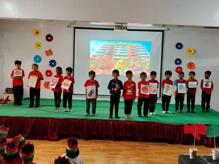 Montessori students participating in the Healthy and Unhealthy Food Awareness Programme at BRS Global School, one of the CBSE schools in Sarjapur Road. Preschool students learning healthy eating habits at one of the best schools in Sarjapur Road.