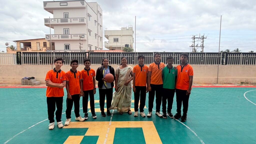 Students participating in the Interhouse Basketball Tournament at BRS Global School Attibele, one of the schools near Sarjapur Road.