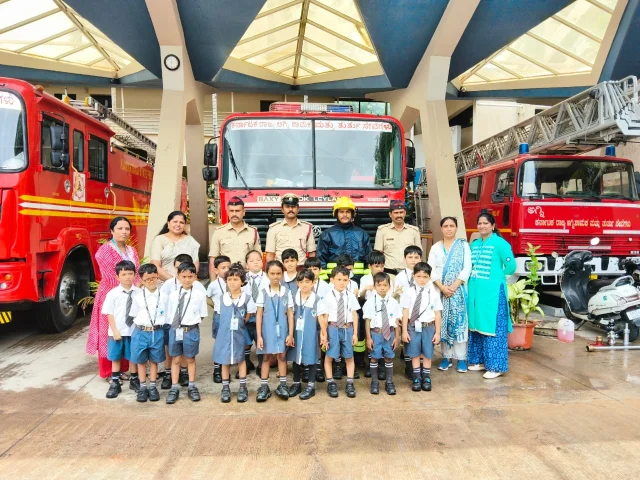 Montessori and Grade 3 students from BRS Global School, one of the CBSE schools in Sarjapur Road, visiting a Fire Station during an educational trip.