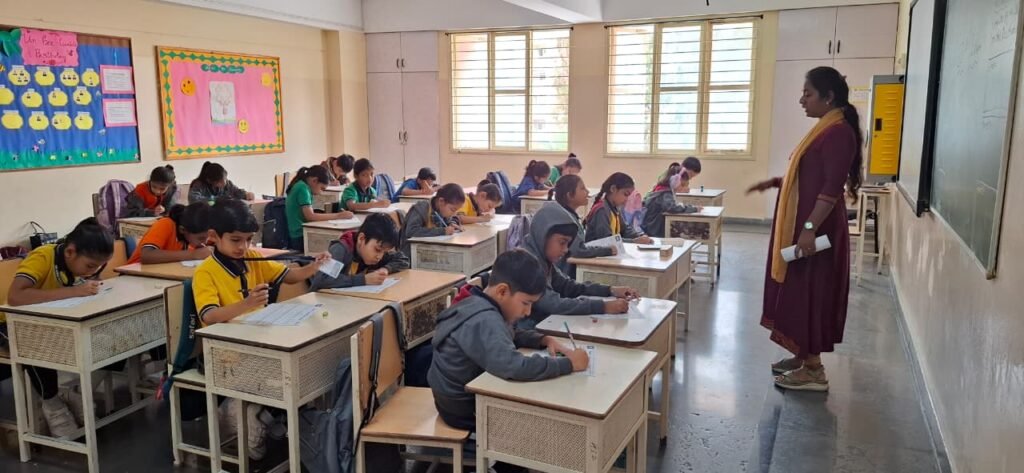 Grade 1–5 students participating in the National Level Arithmetic Genius Contest at BRS Global School | Best CBSE School in Sarjapur Road, one of the trusted CBSE schools in Sarjapur Road.