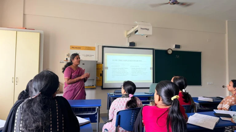 Principal Mrs. Alexandra Thangam conducting Assessment & Evaluation workshop at BRS Global School Attibele, one of the best CBSE schools in Harlur.