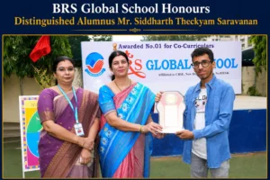 Distinguished alumnus Mr. Siddharth Theckyam Saravanan being honoured during the Investiture Ceremony at BRS Global School, one of the best CBSE schools in Sarjapur Road, Bangalore.