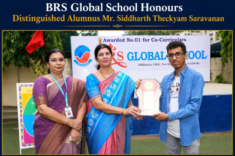 Distinguished alumnus Mr. Siddharth Theckyam Saravanan being honoured during the Investiture Ceremony at BRS Global School, one of the best CBSE schools in Sarjapur Road, Bangalore.