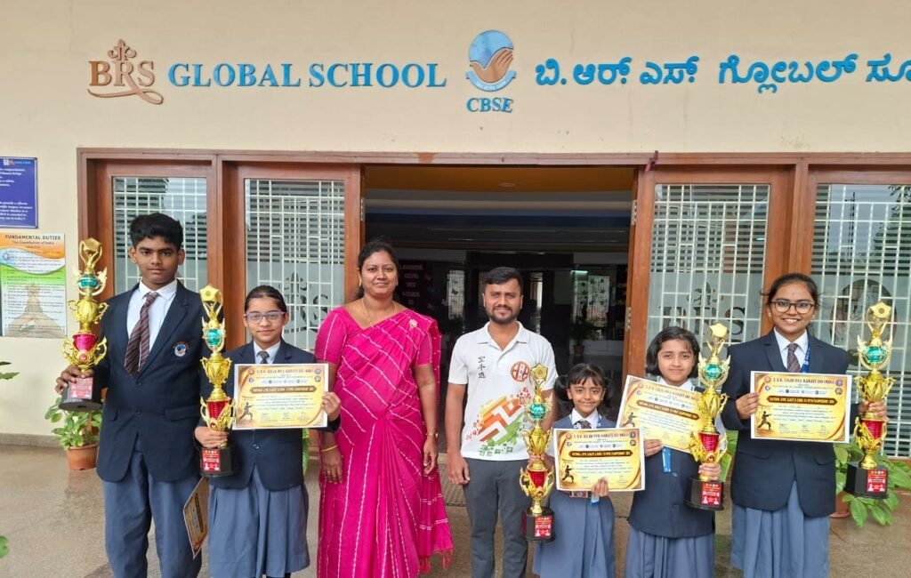 BRS Global School Attibele students win trophy at the National Karate Championship, showcasing excellence among CBSE schools in Sarjapur Road.