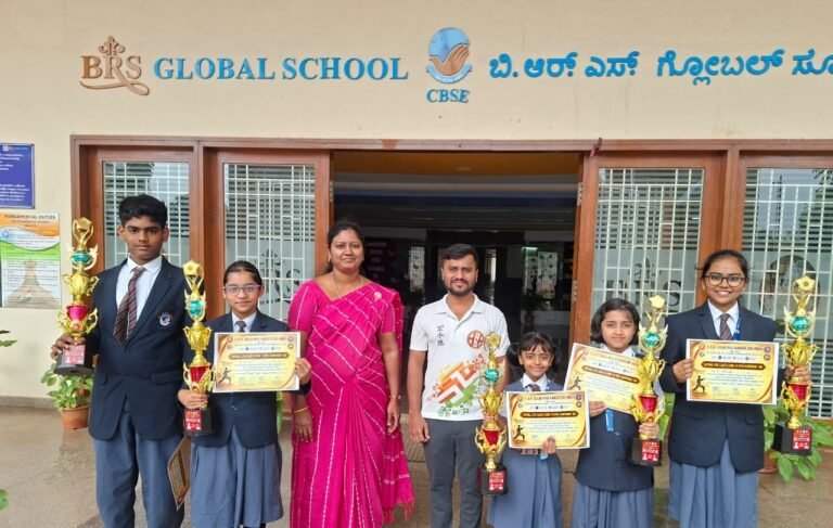 BRS Global School Attibele students win trophy at the National Karate Championship, showcasing excellence among CBSE schools in Sarjapur Road.