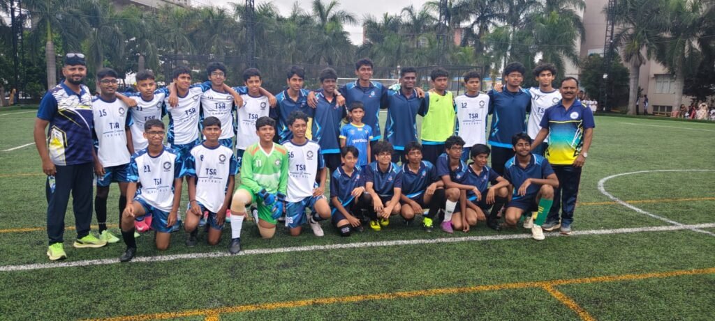 Under-14 boys from BRS Global School representing the school at an inter-school football tournament.