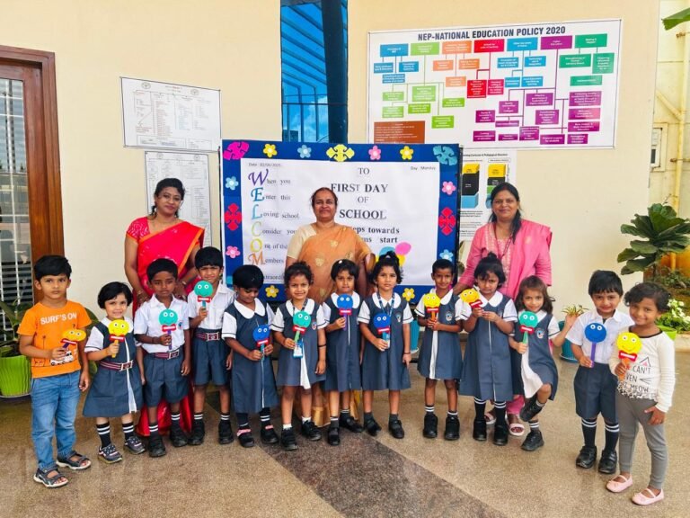Montessori students enjoying their first day at BRS Global School, serving families looking for schools in Sarjapura.
