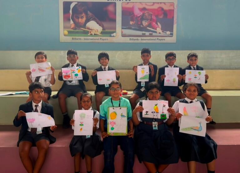 Grades 1 to 3 students taking part in a drawing and colouring activity at a CBSE school in Attibele, among the CBSE schools in Sarjapur Road.