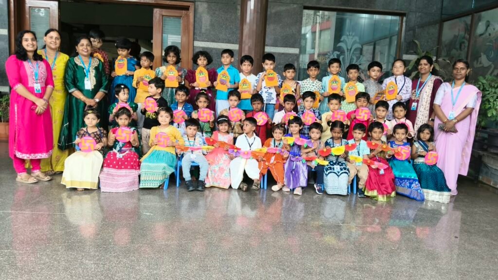 Children celebrating Varamahalakshmi in traditional attire at BRS Global School, Montessori section, Sarjapur Road