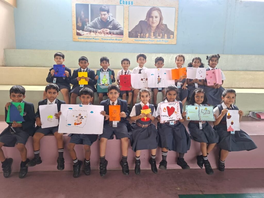 Grades 1–2 students making greeting cards at BRS Global School Attibele, among CBSE schools in Chandapura.