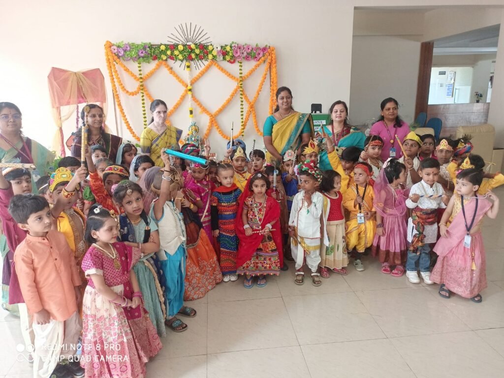 Montessori children dressed as Krishna and Radha at BRS Global School Attibele, one of the schools in Anekal.