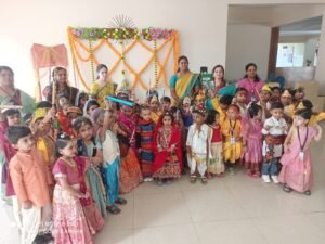 Montessori children dressed as Krishna and Radha at BRS Global School Attibele, one of the schools in Anekal.