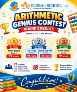 Students of BRS Global School, Sarjapur Road, recognised in the Arithmetic Genius Contest 2026 Round 2 results at one of the best CBSE schools in Sarjapur Road.