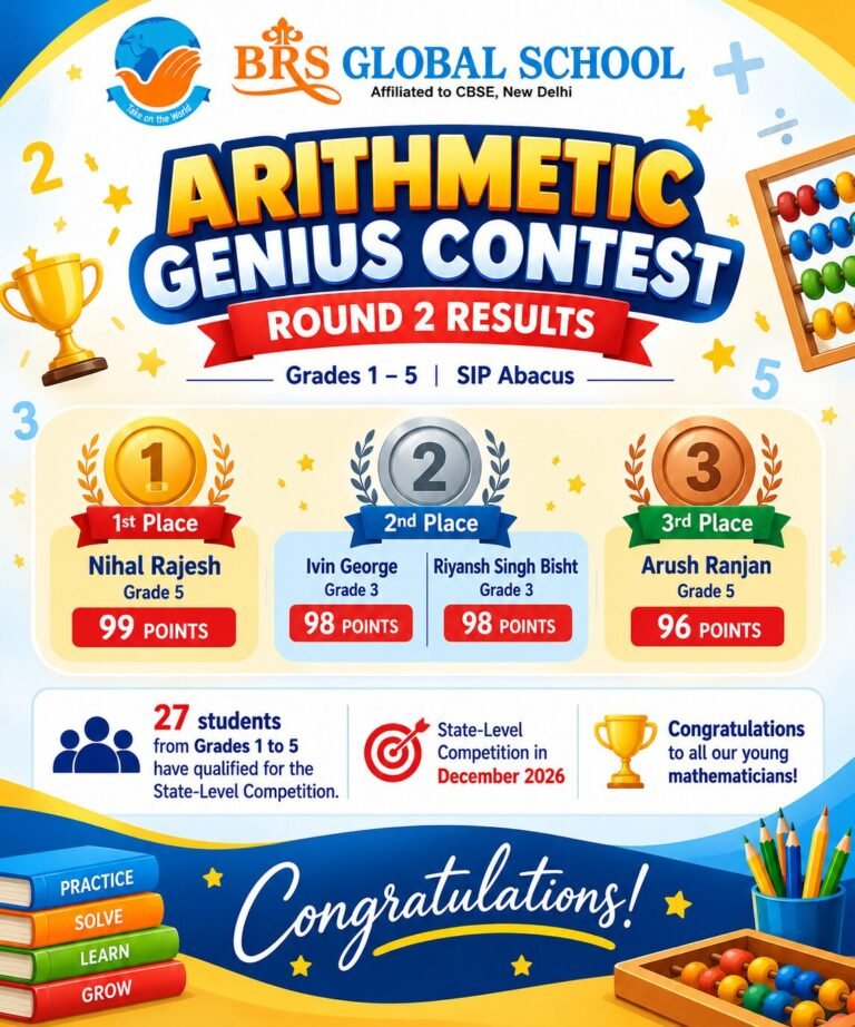 Students of BRS Global School, Sarjapur Road, recognised in the Arithmetic Genius Contest 2026 Round 2 results at one of the best CBSE schools in Sarjapur Road.