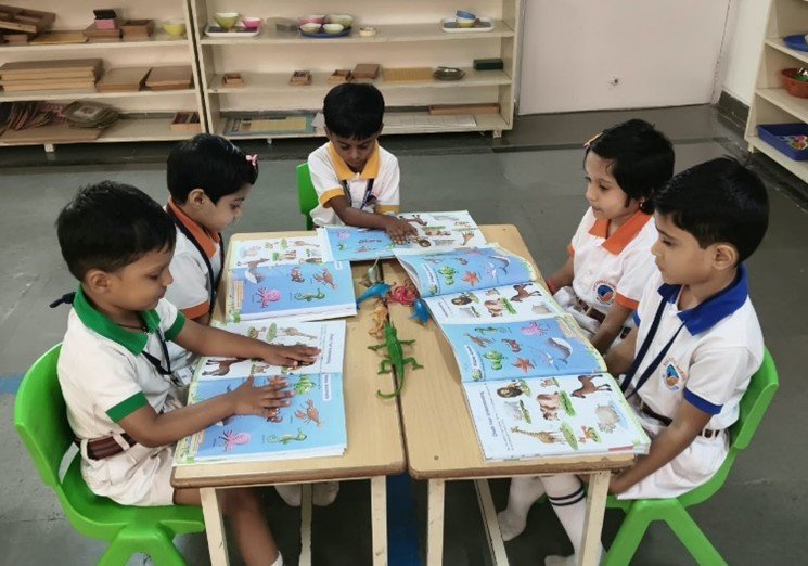 Students learning about water animals during an EVS classroom discussion at BRS Global School
