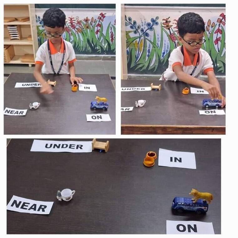 Young learner at BRS Global School learning the prepositions in, on, under and near