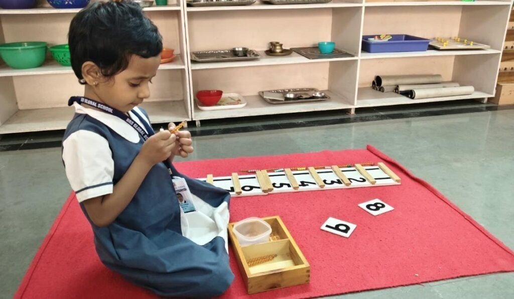 Montessori arithmetic materials helping children understand numbers and quantities at BRS Global School, one of the recognised schools in Sarjapur Road and CBSE schools in Sarjapur Road.