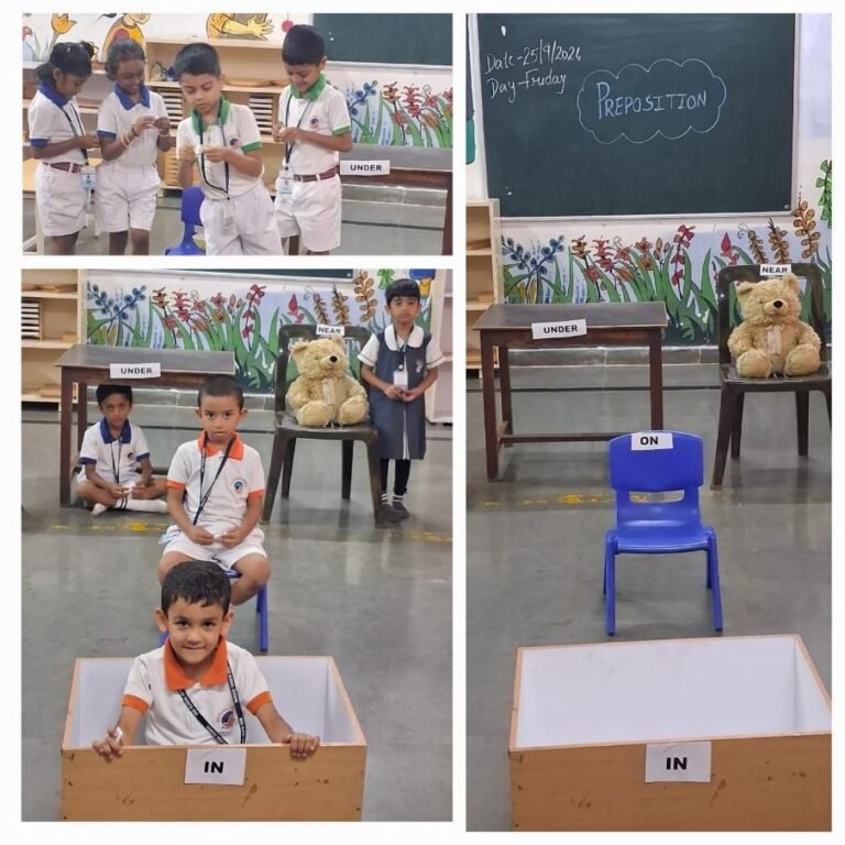 Students from one of the best CBSE schools in Sarjapur Road learning prepositions through an interactive classroom activity.